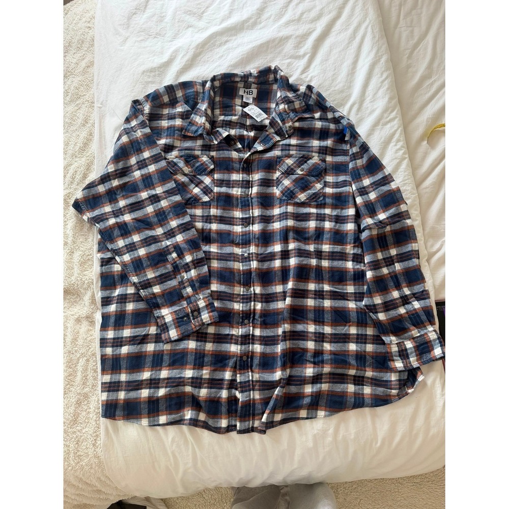 HB Flannel Shirt Men 4XLT Blue Orange Plaid Tall Outdoor Casual Cotton Plus NWT